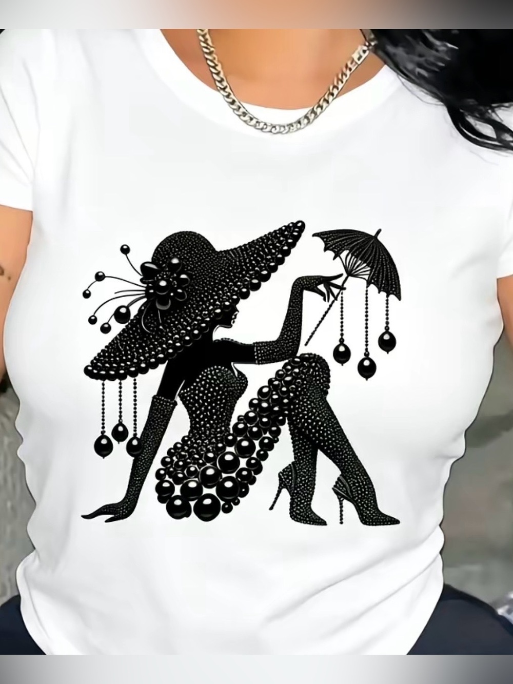 ❤️ NEW White Pearl-Embellished Lady Graphic T-Shirt